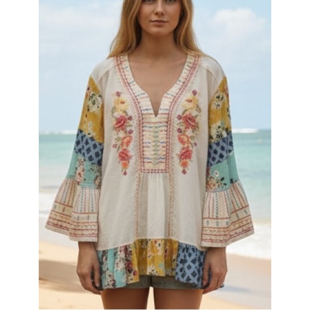 Coldwater Creek NWT Boho Embroidered V-Neck Tunic Multi Patchwork Plus Size 2X - Picture 8 of 8